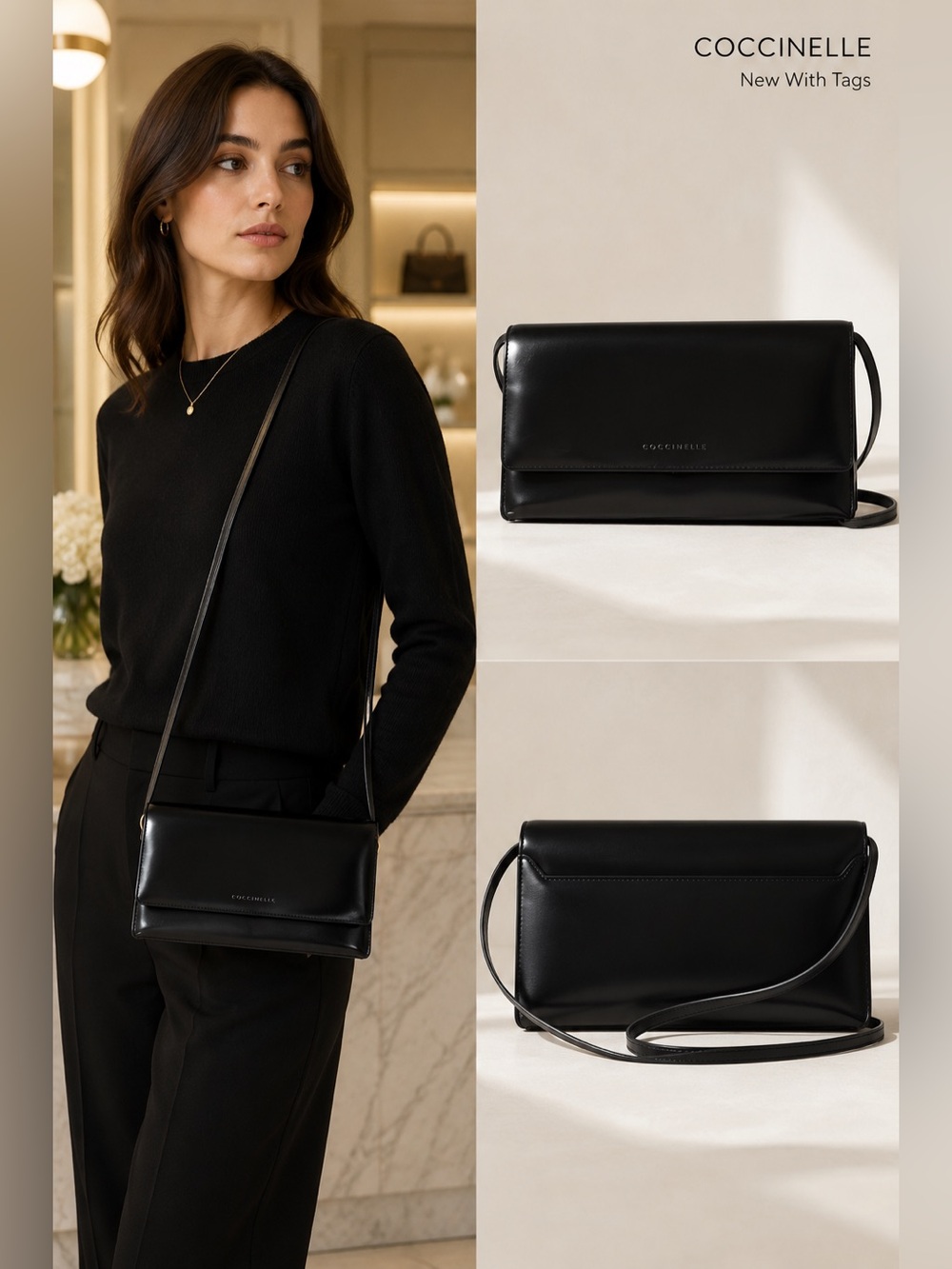 Coccinelle Black smooth Leather shoulder Bag NEW Italy Dust Bag evening flaw